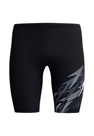 Zwarte zwemjammers met een grijs-wit abstract pijlenpatroon op de rechterdij en een Speedo-logo nabij de zoom.