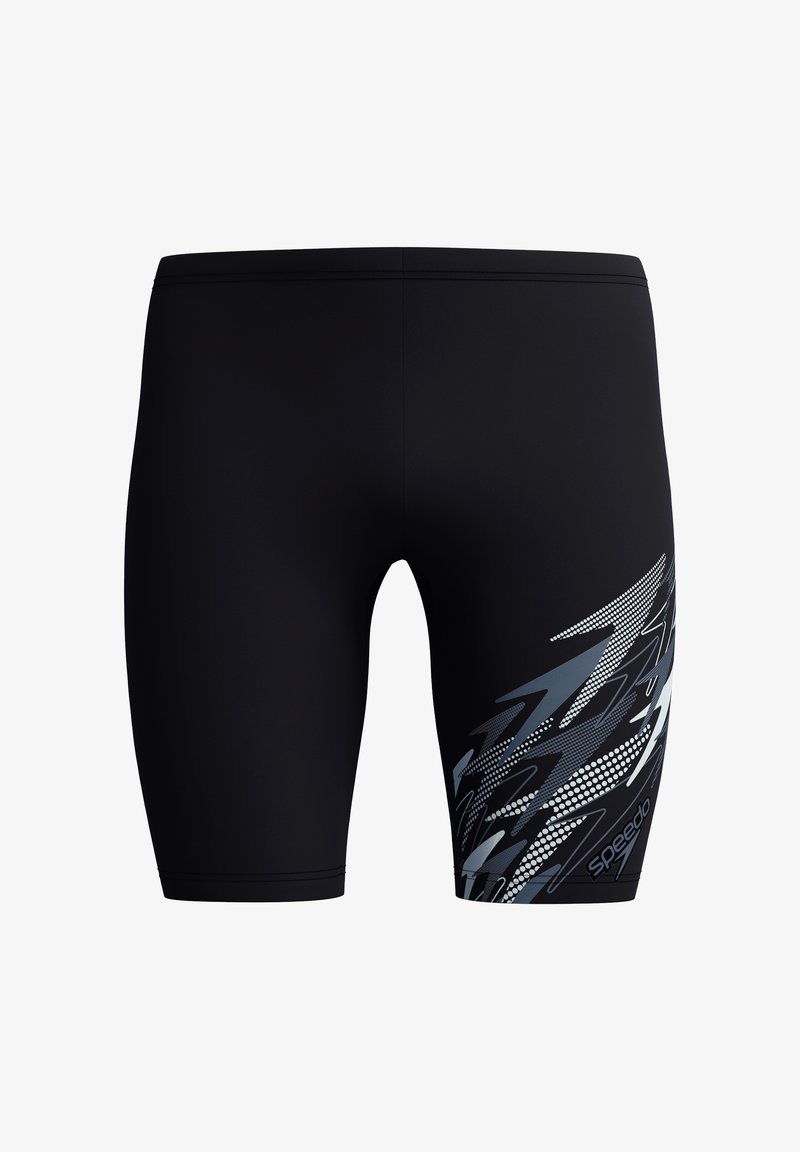 Black swim jammers with a gray and white abstract arrow pattern on the right thigh and a Speedo logo near the hem.