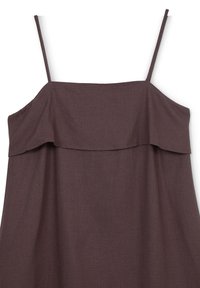 Dunkelbraunes ärmelloses Kleid mit ausgestelltem Design und Rüschenausschnitt, aus leichtem Stoff; verfügt über dünne Schulterträger.