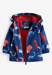 Veste de pluie pour enfants en bleu avec des motifs de dinosaures. Dotée d'un intérieur rouge, d'une fermeture éclair et de poignets élastiques. Matériau léger et imperméable.