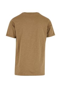 Brun kortärmad t-shirt med rund hals, mjuk struktur och en enkel, slät design utan synliga mönster eller dekorationer.