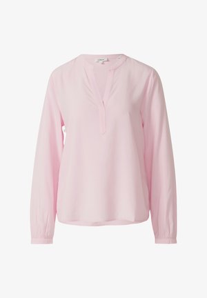 Jasnoróżowa bluzka z długim rękawem, częściowym rozpięciem z przodu, okrągłym dekoltem i marszczonymi mankietami. Miękka, gładka tkanina o luźnym kroju.