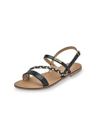 Black sandals with braided detailing, flat sole, ankle strap, and a smooth leather-like finish. Features a textured pattern on the straps.