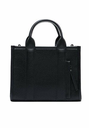 Schwarze Handtasche aus strukturiertem Leder mit zwei kurzen Henkeln, vertikalen Steppnähten und einer Reißverschlusstasche auf der Vorderseite.