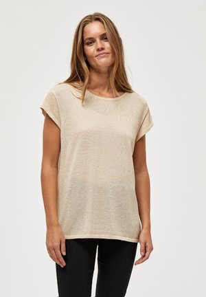 Beige knitted short-sleeve top with a round neckline, relaxed fit, and subtle metallic threads woven throughout. Smooth texture.