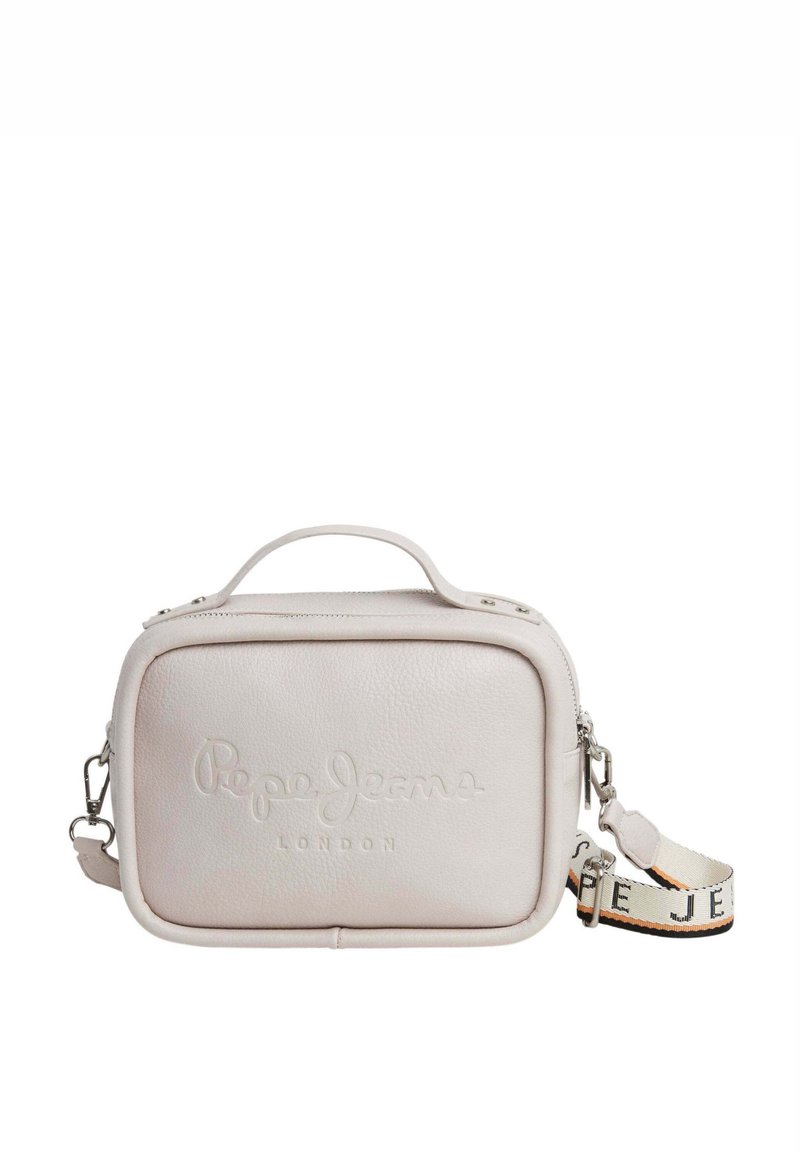 Borsa in pelle rosa chiaro con forma rettangolare, superficie testurizzata, manico superiore e tracolla regolabile con motivo a logo.