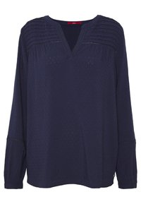 Blouse bleu marine à manches longues avec un col en V, présentant des détails texturés sur les épaules et une coupe décontractée. Tissu doux avec un motif subtil.