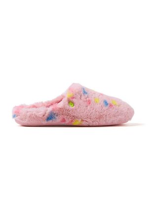 Ciabatta rosa pelosa con una texture morbida, caratterizzata da macchie colorate in giallo, blu e rosso, e un design slip-on per una facile calzata.