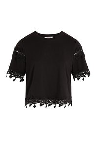 Sort kortærmet t-shirt med rund halsudskæring. Udsmykket med blomster-lace kant ved ærmer og nederste kant, hvilket tilføjer tekstur og detalje. Blødt stof.