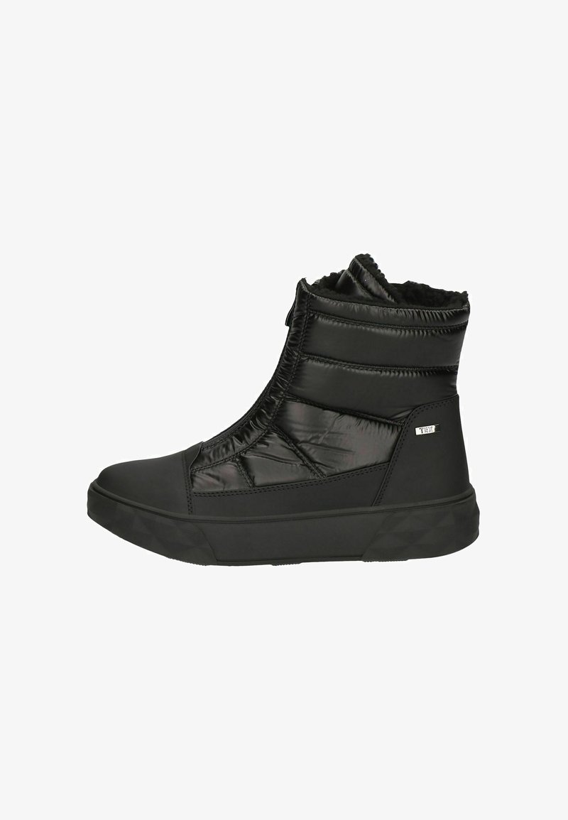 Fekete bokacsizma párnázott, steppelt nejlon felsőrésszel, gumitalppal és texturált díszítésekkel. Kerek orrú, és puha, plüss bélés jellemzi.