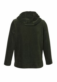 Veste à capuche en tissu côtelé vert foncé, présentant des manches longues et une coupe décontractée. Texture lisse avec des lignes verticales prononcées.
