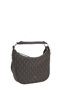 Mörkgrön axelremsväska med ett blommönstrat präglat mönster, med roséguld detaljer och en justerbar rem. Slät textur.