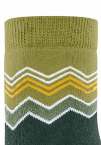 Stricksocken mit einem gerippten olivgrünen Bündchen. Trieft ein Zickzackmuster in Grüntönen, Weiß und Gelb. Glatte Textur.