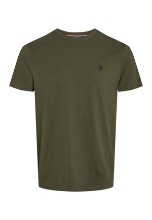 Olive green cotton T-shirt with a round neckline, short sleeves, and a small navy embroidered logo on the chest. Smooth texture.