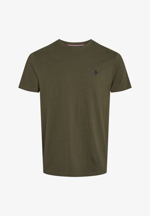 Oliwkowy bawełniany T-shirt z okrągłym dekoltem, krótkimi rękawami i małym wyszywanym logo w granatowym kolorze na piersi. Gładka tekstura.