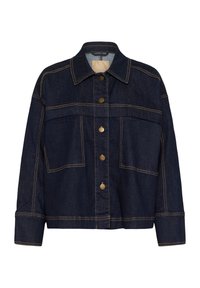 Dunkelblaue Jeansjacke mit Messing-Druckknöpfen, spitzem Kragen, langen Ärmeln und kontrastierenden orangen Nähten.