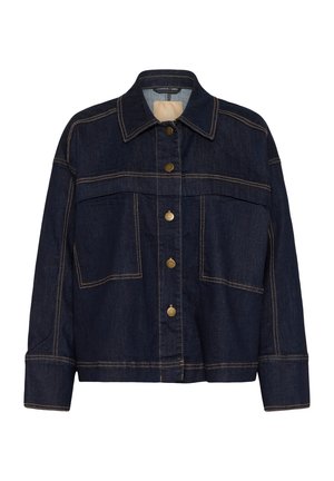 Tmavomodrá džínová bunda s mosadznými patentami, špicatým golierom, dlhými rukávmi a kontrastným oranžovým prešívaním.