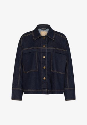 Tumši zils džinsa žakets ar misiņa spiedpogām, garām piedurknēm, asu apkakli un kontrastējošiem oranžiem uzšuvumiem.