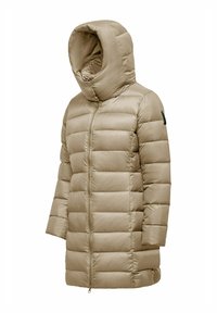 Beige dikke jas met een oversized capuchon, geborduurd ontwerp en lange mouwen. Voorzien van een volledige ritssluiting aan de voorkant en een zachte, glanzende textuur.