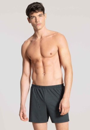 Donker gestreepte zwemshorts met een elastische tailleband. Materiaal lijkt licht van gewicht. Ontwerp heeft een herhalend geometrisch patroon.