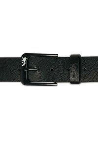 Cinturón de cuero negro con textura lisa, hebilla rectangular negra y pequeño emblema de león plateado en la hebilla.