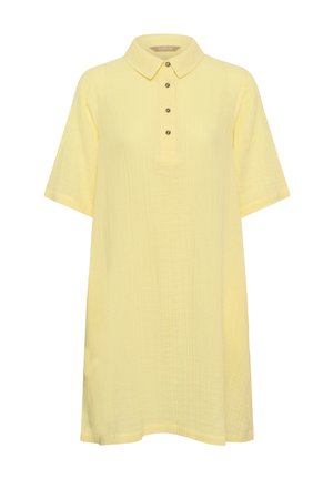 Pale yellow short-sleeve dress with a collared neckline and four decorative buttons down the front placket.