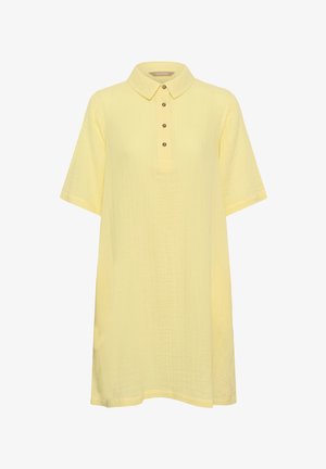 Pale yellow short-sleeve dress with a collared neckline and four decorative buttons down the front placket.