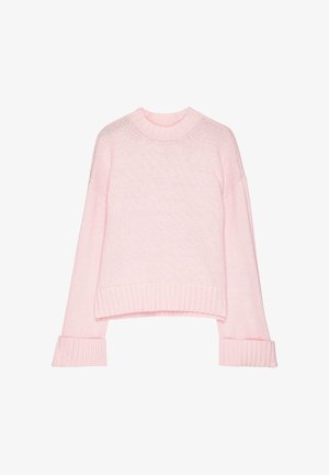 Pull court rose clair avec un col rond, des poignets côtelés et une texture douce. Fabriqué à partir d'un matériau en maille léger.