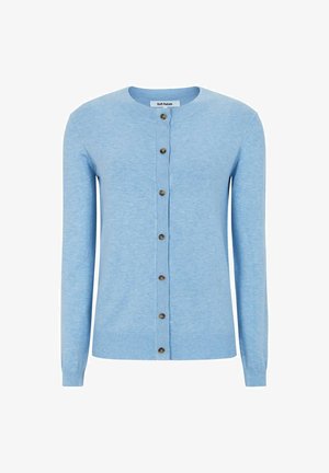 Lyseblå cardigan med lange ærmer, rund halsudskæring og knaplukning. Fremstillet af blødt stof med ribbede manchetter og kant.