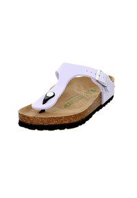 Lavender thong sandals with a cork footbed, adjustable strap, and black accent near the toe. Textured rubber sole for grip.