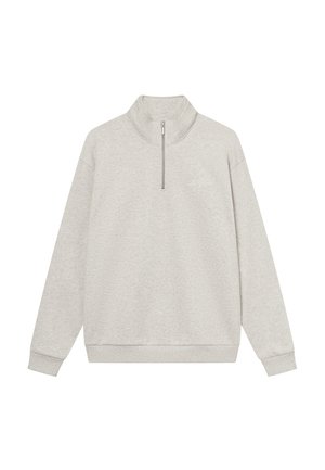 Svetlo šedá mikina s polovičným zipsom, uvoľnený strih a rebrované manžety. Vyrobené z mäkkej látky, s minimalistickým logom na hrudi.