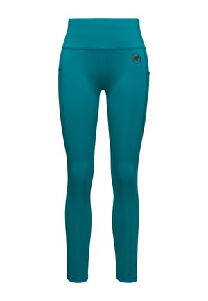 Türkise Sportleggings mit hohem Bund, seitlichen Taschen und kleinem Logo. Hergestellt aus glattem, dehnbaren Material für Flexibilität und Komfort.