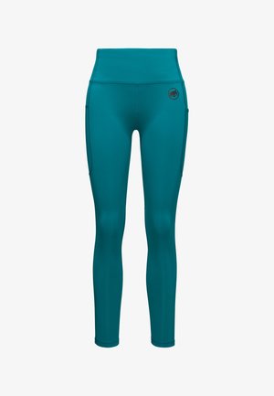 Türkise Sportleggings mit hohem Bund, seitlichen Taschen und kleinem Logo. Hergestellt aus glattem, dehnbaren Material für Flexibilität und Komfort.