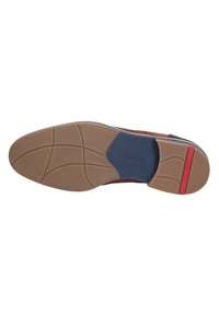 Heren bruin leren schoenzool met een textuur van rubber, voorzien van een blauwe accent en rode detailing. Ontworpen voor grip met een gedefinieerd loopvlakpatroon.