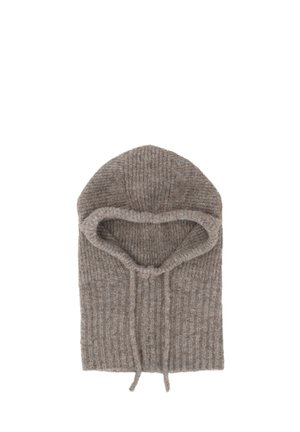 Gehaakte capuchon in lichtbruin. Heeft een geribbelde textuur, een trekkoordsluiting en een ronde top. Zacht materiaal, geschikt voor koud weer.