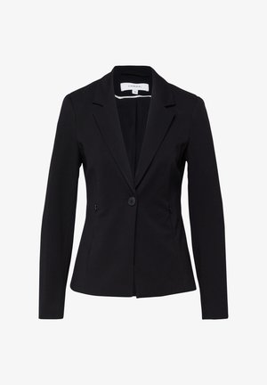 Black women's single-button blazer with notched lapels and long sleeves, fitted waist, and zipper pockets on sides.