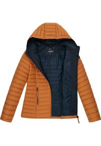 Doudoune avec capuche, dotée d'un extérieur orange, d'un intérieur marine, de coutures horizontales et d'une poche zippée sur le côté. Taille small.