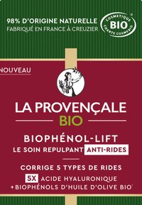 Emballage rouge et vert pour La Provençale Bio Biophénol-Lift. Comprend un texte détaillant les bienfaits anti-rides, avec des indicateurs de produit naturel et un logo.