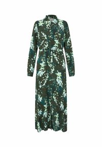 Robe maxi à manches longues avec boutons, motif floral vert, bleu et blanc, ceinture nouée à la taille sur fond blanc.
