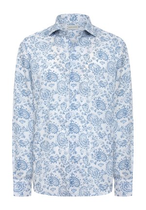 Camicia bianca a maniche lunghe con bottoni, motivo paisley e floreale azzurro chiaro, collo aperto e polsini con bottoni.
