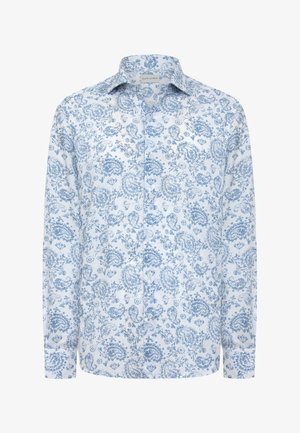 Weißes Langarmhemd mit Knöpfen, hellblauem Paisley- und Blumenmuster, Hemdkragen und geknöpften Manschetten.