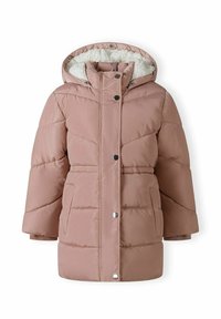 Veste doudoune rose clair avec capuche, dotée d'une doublure en fausse fourrure, de boutons-pression et de motifs de couture diagonale.
