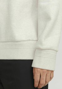 Light gray sweatshirt with ribbed hem and cuff details. Soft texture, casual fit, paired with black pants.
