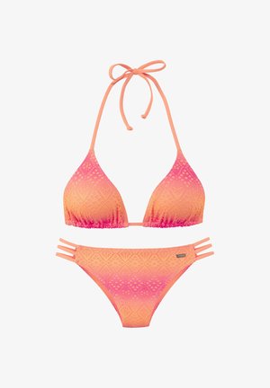 Orange and pink gradient bikini set with textured lace pattern, triangle halter top, and triple-strap bikini bottoms with side cutouts.