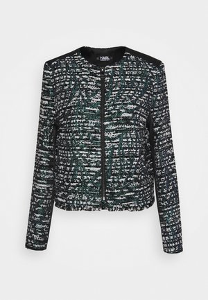 Veste texturée noire, blanche et verte à manches longues, avec fermeture éclair à l'avant et encolure arrondie, de la marque Karl Lagerfeld.