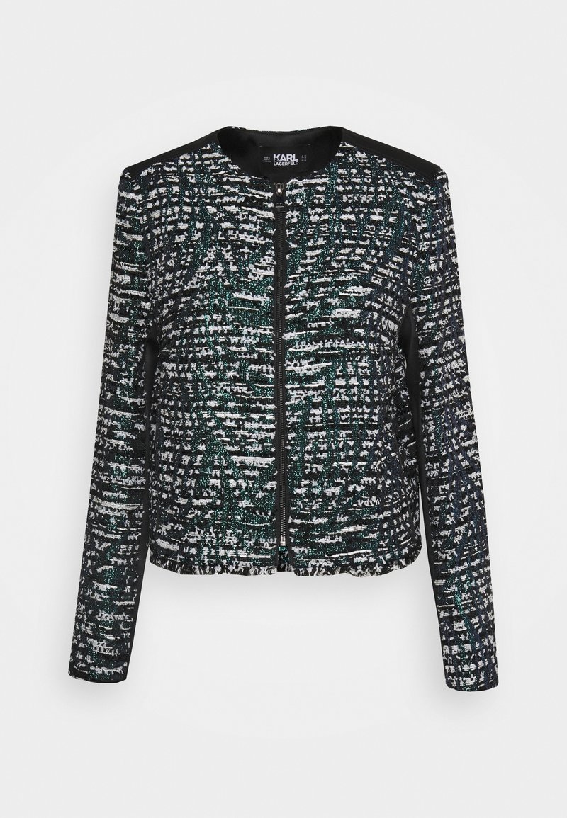 Veste texturée noire, blanche et verte à manches longues, avec fermeture éclair à l'avant et encolure arrondie, de la marque Karl Lagerfeld.