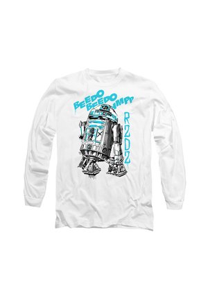 White long-sleeve shirt featuring a graphic of a robot, with blue accents and text "BEEPO BEEPO R2D2," highlighted with black outlines.