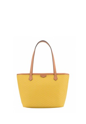Sac cabas matelassé jaune avec anses et bordures en cuir camel, au design simple et structuré.