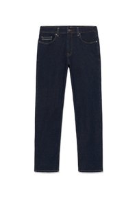 Blugi de denim bleu închis, design cu picior drept, stil cu cinci buzunare, cu închidere cu buton din alamă și cusături contrastante pe cusături.