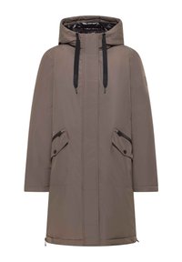 Šedá zateplená parka s kapucí, stahovací šňůrkou, kapsami na zip po stranách a rovným střihem. Má hladkou vnější texturu a minimalistický design.